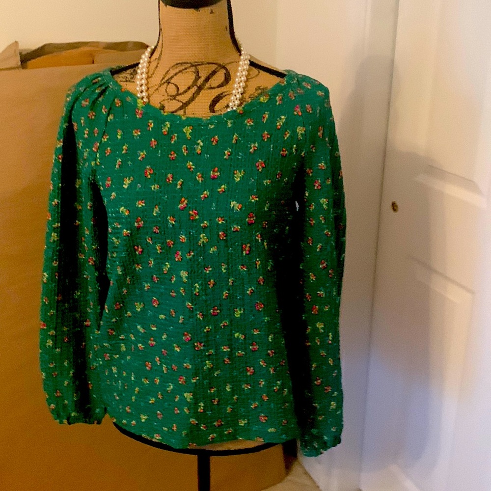 Women’s Vivid Emerald Green Top with Small Red Roses